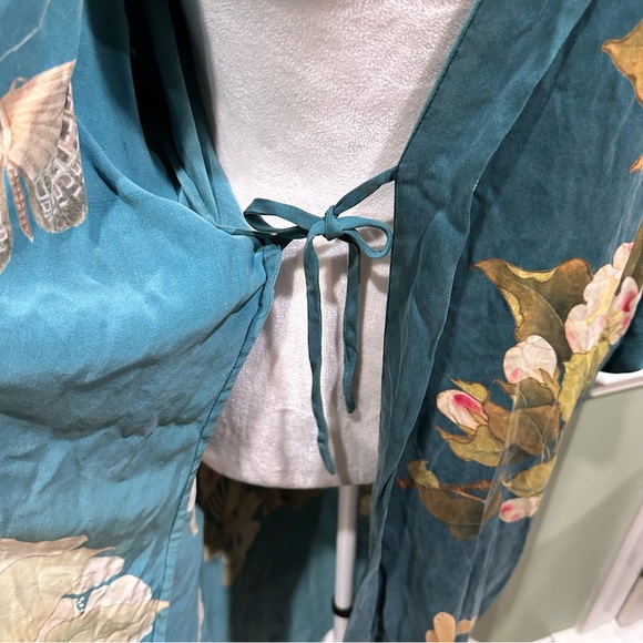 Kim + Ono 100% Silk Floral Teal Green Kimono Robe 0/S - Picture 9 of 15